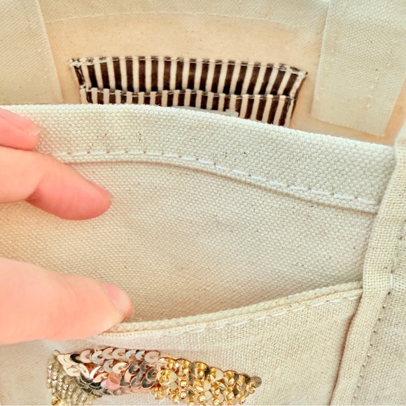 💛 Anthropologie Letter G The Hartley Monogram Mini Canvas Tote Gold Beaded Beige - Picture 11 of 14